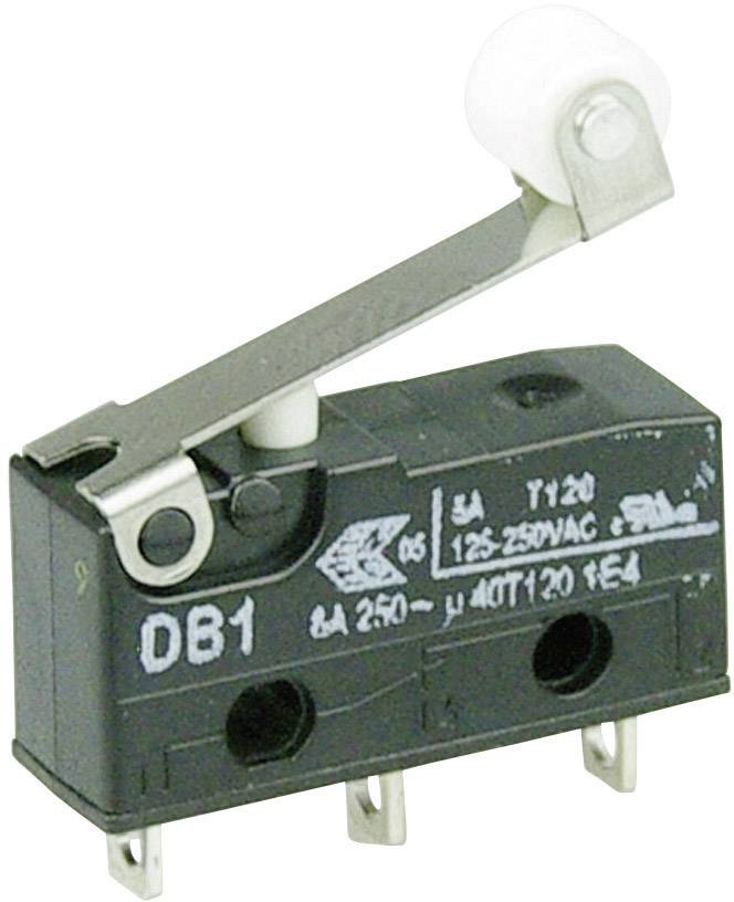 Ein Mikroschalter mit einem Hebelarm und drei Anschlüssen. Beschriftet mit Spezifikationen wie 'DB1', '5A 250V', und '125/250VAC'.