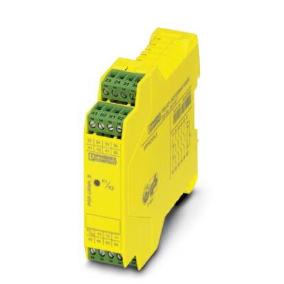 Gelbes elektrisches Sicherheitsrelais mit mehreren Anschlüssen und aufgedruckten Anweisungen. Entworfen zur Steuerung und Überwachung von Sicherheitsschaltkreisen.