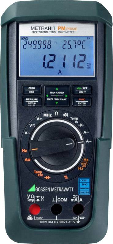 Das Bild zeigt ein digitales Multimeter mit einem blauen Display, das eine Messwertanzeige von '1,2112 A' und '24.9999 Hz' zeigt.