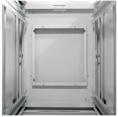 Metallrahmen eines Serverracks von innen, mit Halterungen an den Seitenwänden. Es ist leer und bereit für die Installation von Geräten.