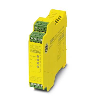Gelbes Sicherheitsrelais-Modul mit mehreren Anschlussklemmen, verwendet zur Steuerung und Überwachung von Sicherheitsfunktionen in elektrischen Systemen.