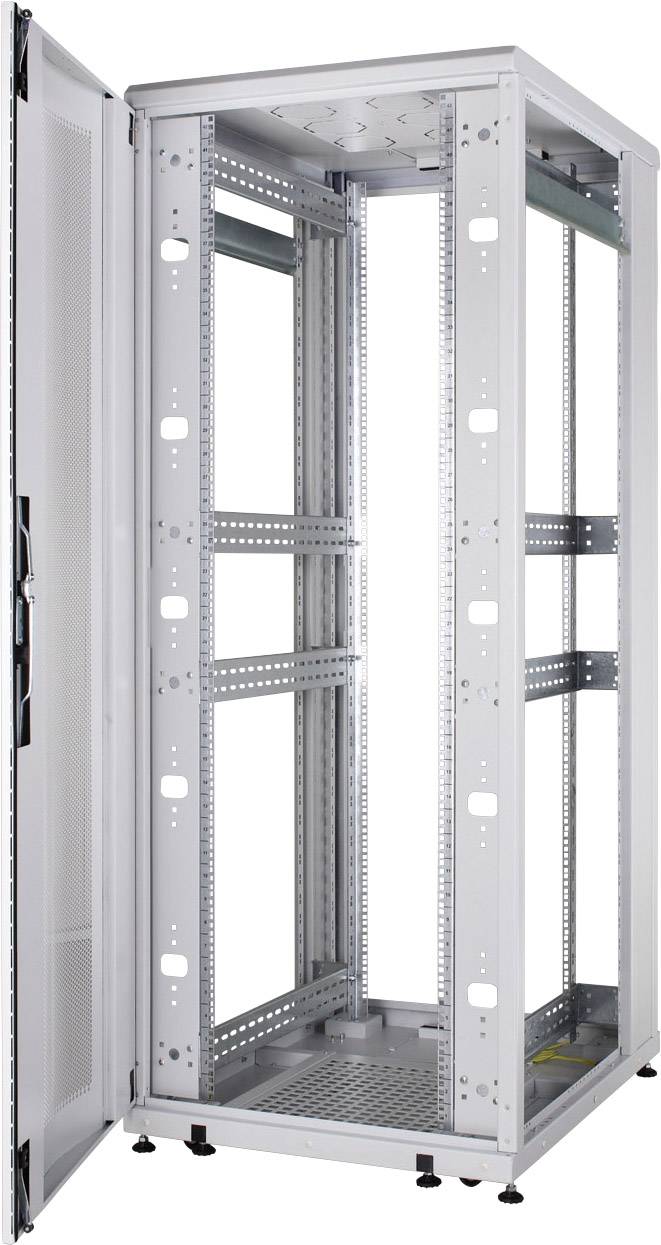 Ein offener, leerer Server-Rack-Schrank aus Metall mit einer Gittertür vorne. Geeignet zur Unterbringung von IT-Equipment.