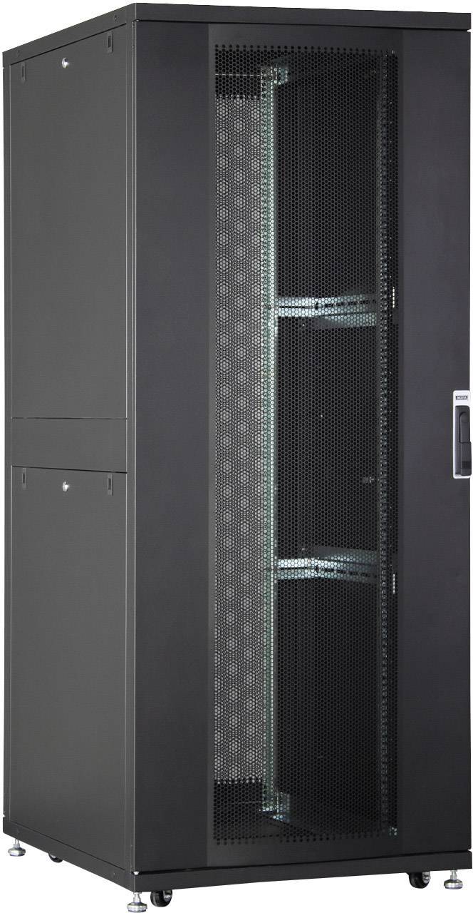 Ein schwarzes Server-Rack mit Glastür, geeignet zur Aufnahme von Server- und Netzwerkgeräten.