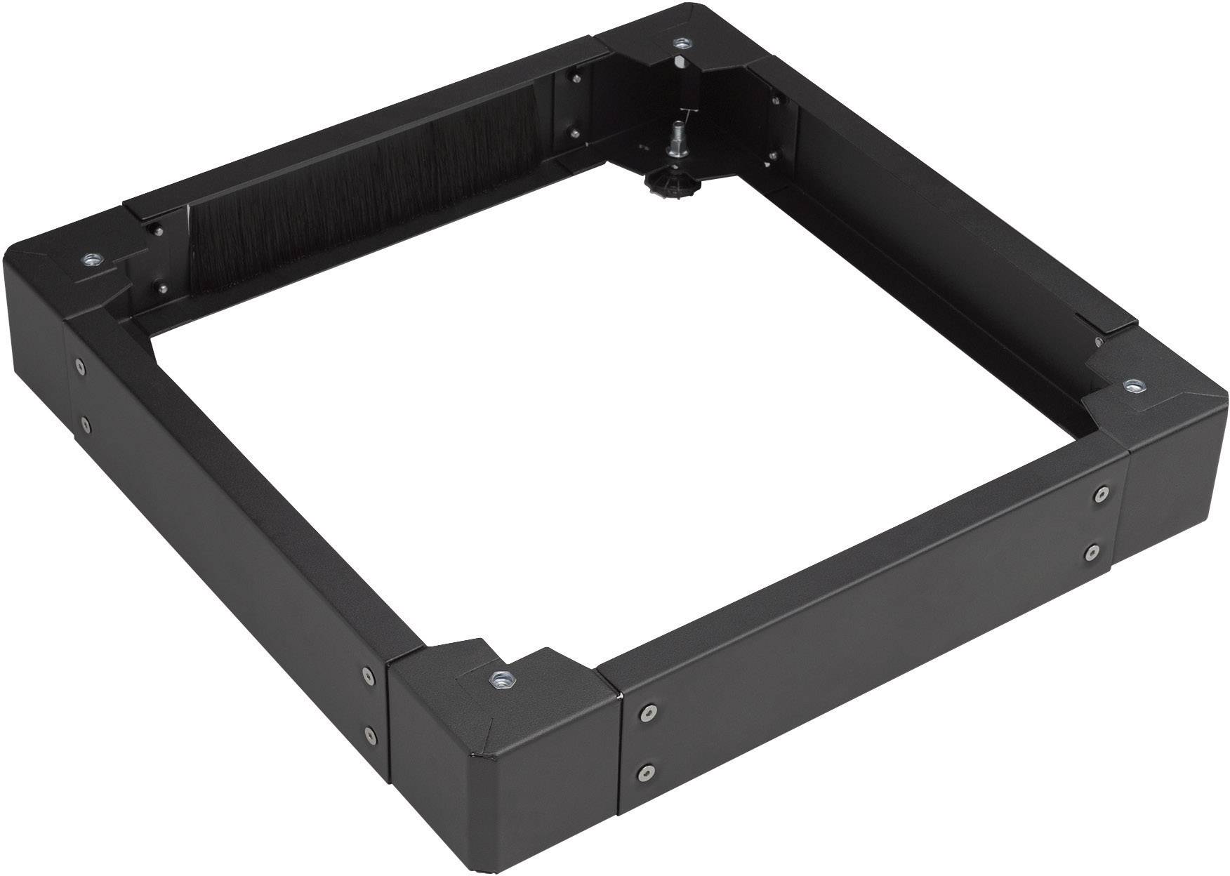 Schwarzer quadratischer Rahmen aus Metall mit Bürstenleiste an einer Seite, wahrscheinlich Teil einer technischen Vorrichtung oder einer Halterung.