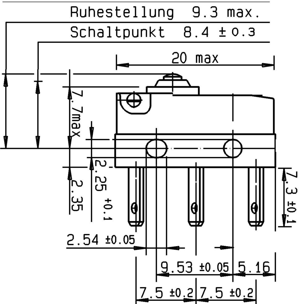 Technische Zeichnung eines Mikroschalters mit Abmessungen: Ruhestellung 9.3 max, Schaltpunkt 8.4 ±0.3, Breite 20 max, diverse andere Maße.