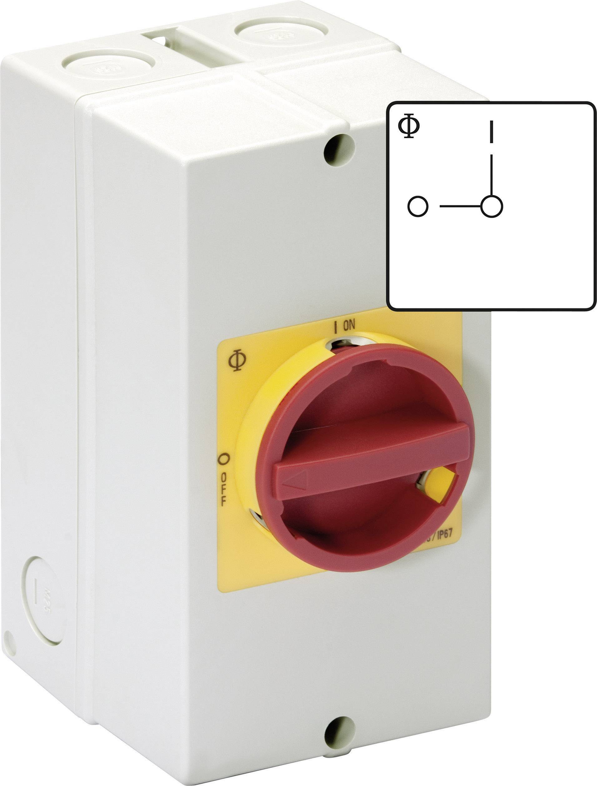 Elektrischer Hauptschalter in einem Gehäuse mit rotem und gelbem Drehschalter. Diagramm zeigt Schaltsymbol für Ein/Aus-Funktion.