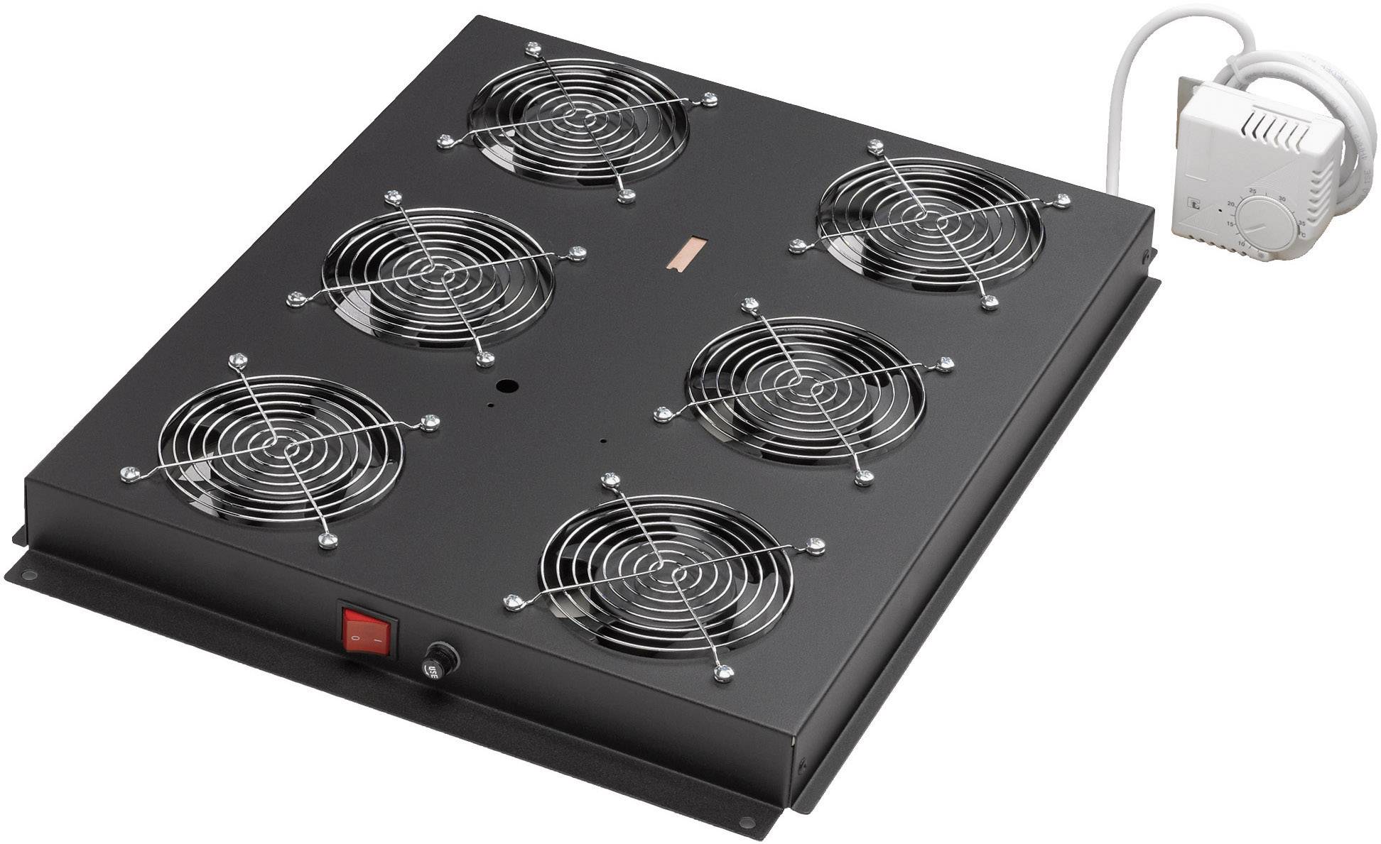 Schwarzes Kühlmodul mit sechs Ventilatoren, einem roten Schalter, und angeschlossenem Thermostat zur temperaturgesteuerten Belüftung.