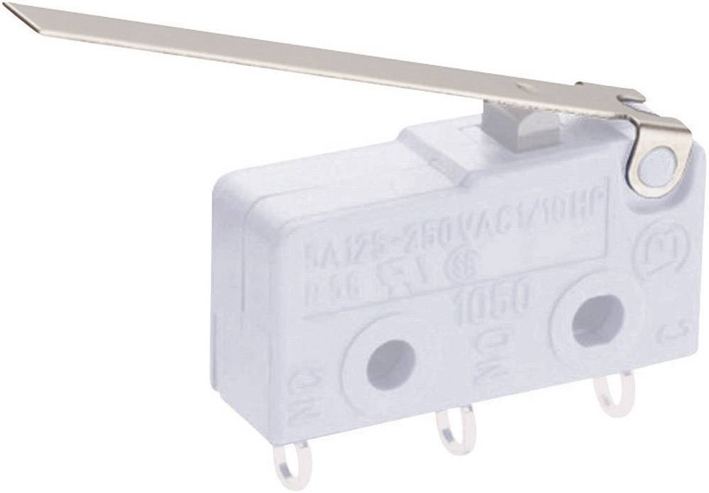 Ein Mikroschalter mit Hebel, verwendet für elektronische Anwendungen, zeigt Anschlüsse und Markierungen für elektrische Spezifikationen.