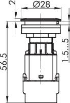 Technische Zeichnung eines mechanischen Bauteils, runde Oberseite mit Durchmesserangabe 'Ø28', Gesamtlänge '56,5', Detailmarkierungen.