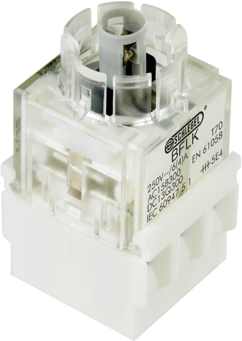 Elektrischer Taster mit Aufschrift '250V/6A/AC15... EN 61058' von Schlegel. Transparentes Gehäuse, zylindrischer Mittelteil.