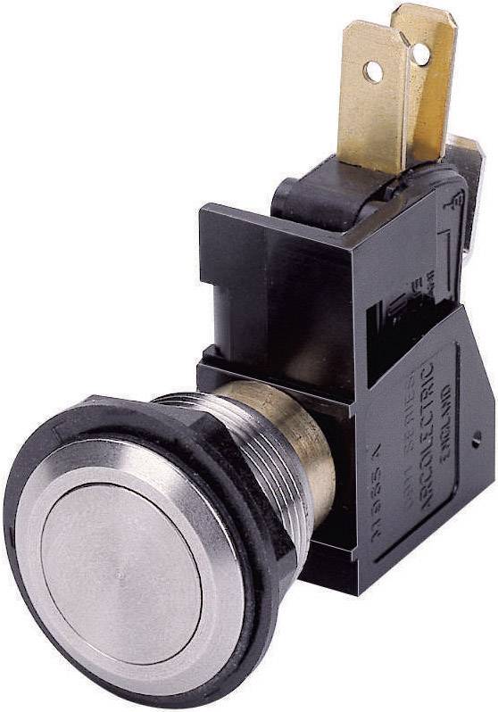 Runder Metallknopf mit schwarzer Basis und zwei hervorstehenden goldfarbenen Anschlüssen, meist für elektronische Anwendungen.