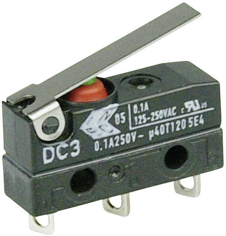 Ein schwarzer Mikroschalter mit drei Anschlüssen und Hebel. Beschriftet mit 'DC3', elektrische Spezifikationen sind auf der Oberfläche angegeben.