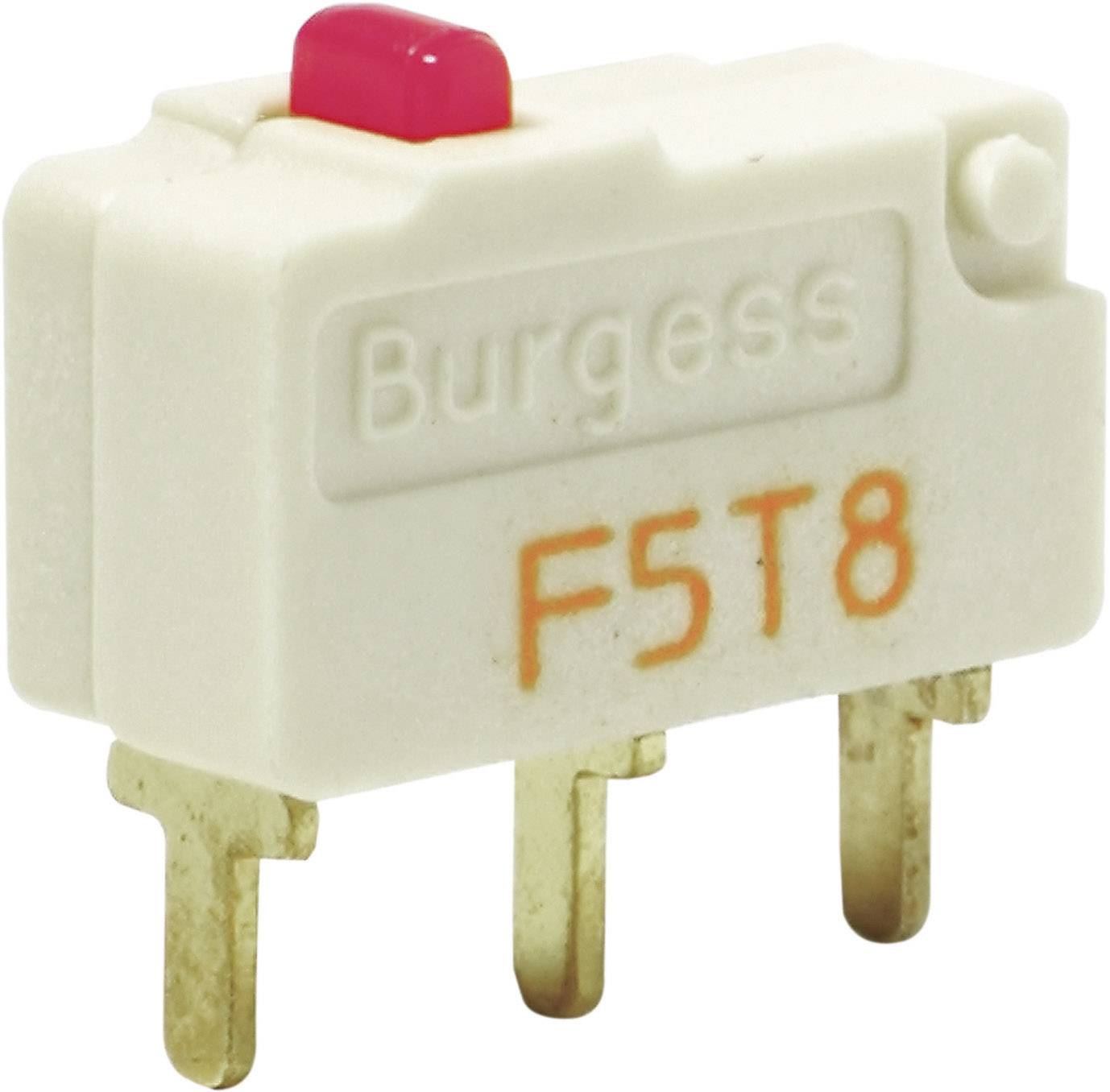 'Burgess F5T8'-Mikroschalter mit rotem Knopf und drei Metallanschlüssen. Geeignet für elektronische Anwendungen.