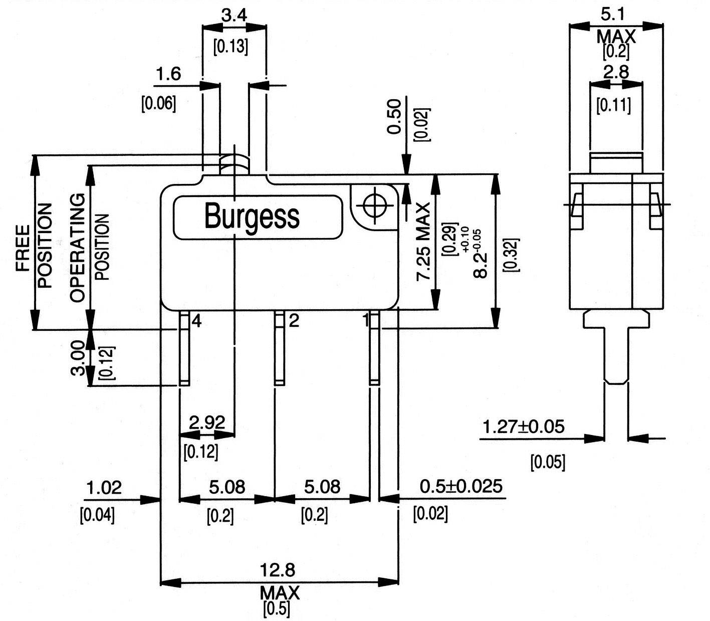 Technische Zeichnung eines Burgess Mikroschalters mit Maßen in Millimetern, zeigt Position, Breite, Höhe und Anschlusstypen.