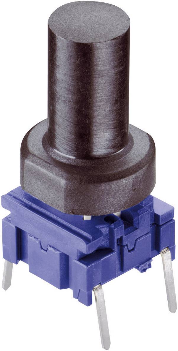 Nahaufnahme eines mechanischen Schalters mit einer schwarzen, zylindrischen Taste und einer blauen Basis mit Metallbeinen unten.