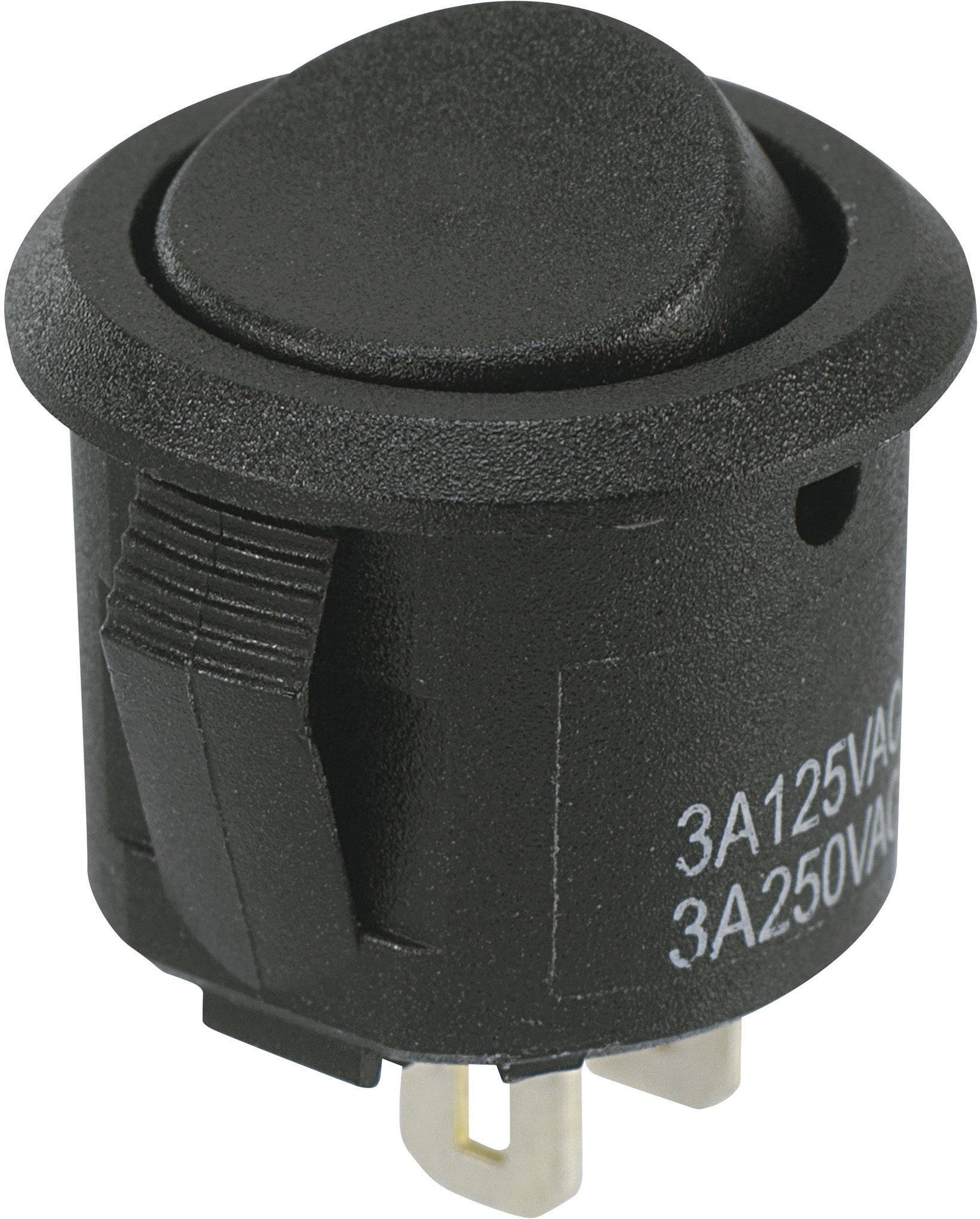 Ein schwarzer, runder Kippschalter mit zwei Positionen; geeignet für 3A bei 125 V AC oder 3A bei 250 V AC.