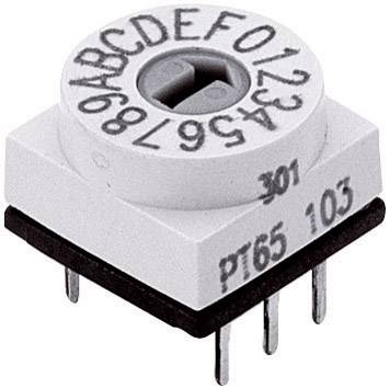 Ein weißer, quadratischer Drehschalter mit Buchstaben 'A' bis 'F' und Zahlen '0' bis '9'. Schwarze Basis mit sechs Metallpins unten.