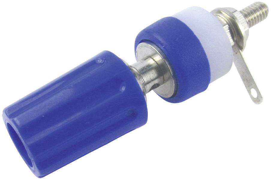 Blauer Bananenstecker mit metallischem Kontakt, isolierendem Griff und Befestigungsschraube. Geeignet für elektrische Verbindungen.