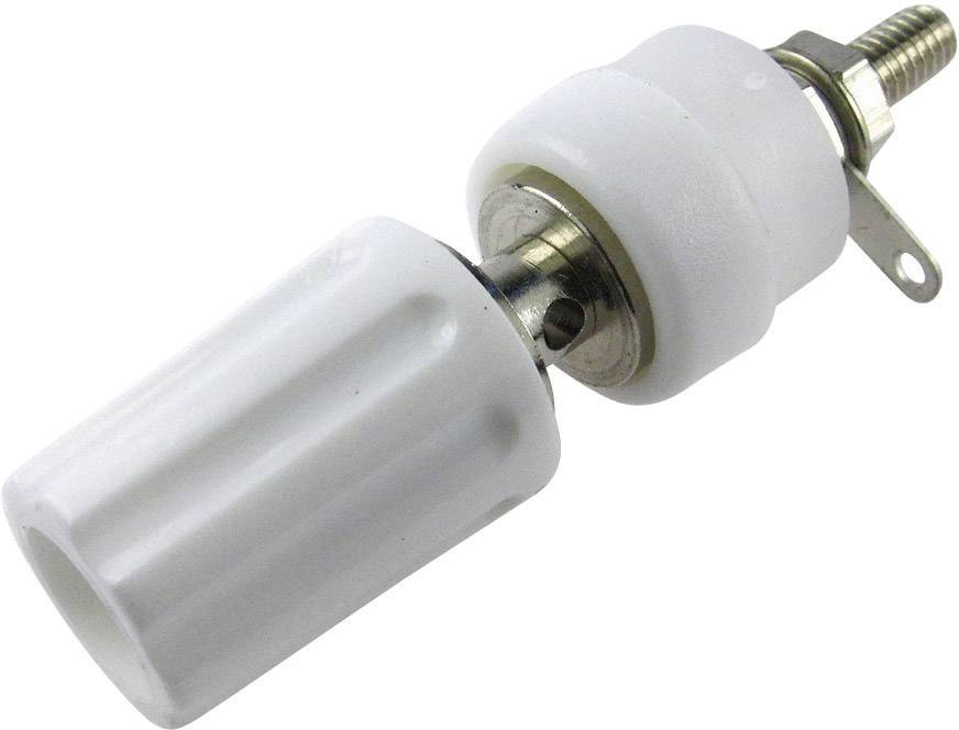 Ein weißer Bananenstecker mit Metallschrauben, verwendet zur sicheren elektrischen Verbindung in experimentellen oder Laborumgebungen.