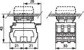 Technische Zeichnung eines Bauteils mit Maßangaben. Zeigt Vorder- und Seitenansicht mit verschiedenen Abmessungen und Formen.