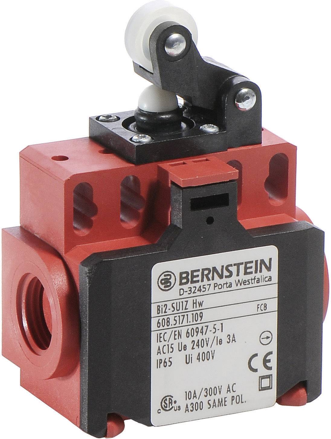 Ein rot-schwarzer Schalter der Marke Bernstein mit technischen Spezifikationen: AC 15, Ui 400V, IP65, 10A/300V AC, IEC/EN Normen.