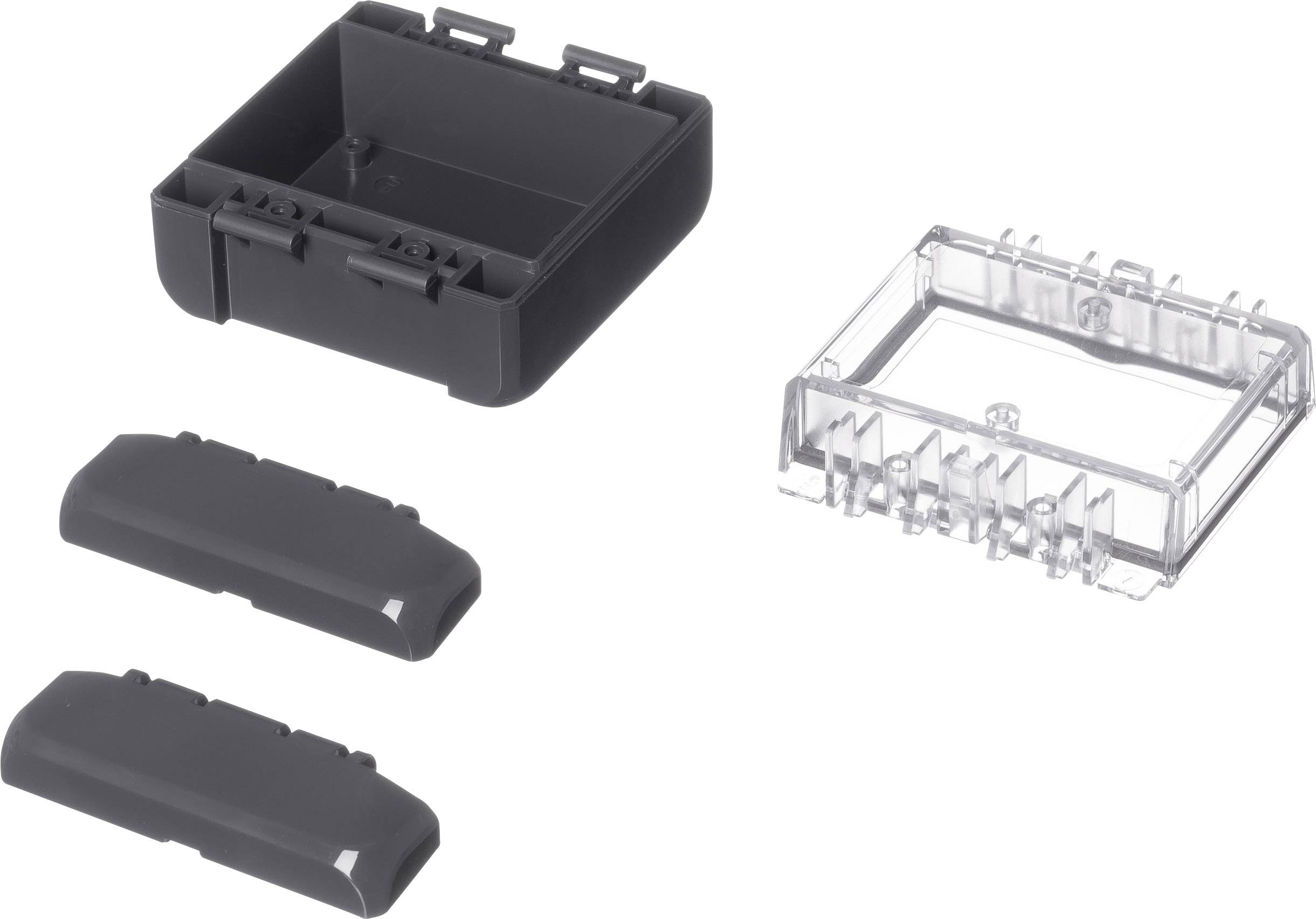 Ein schwarzes Gehäuse und ein transparentes Cover für elektronische Komponenten, jeweils mit Clips zur Befestigung.