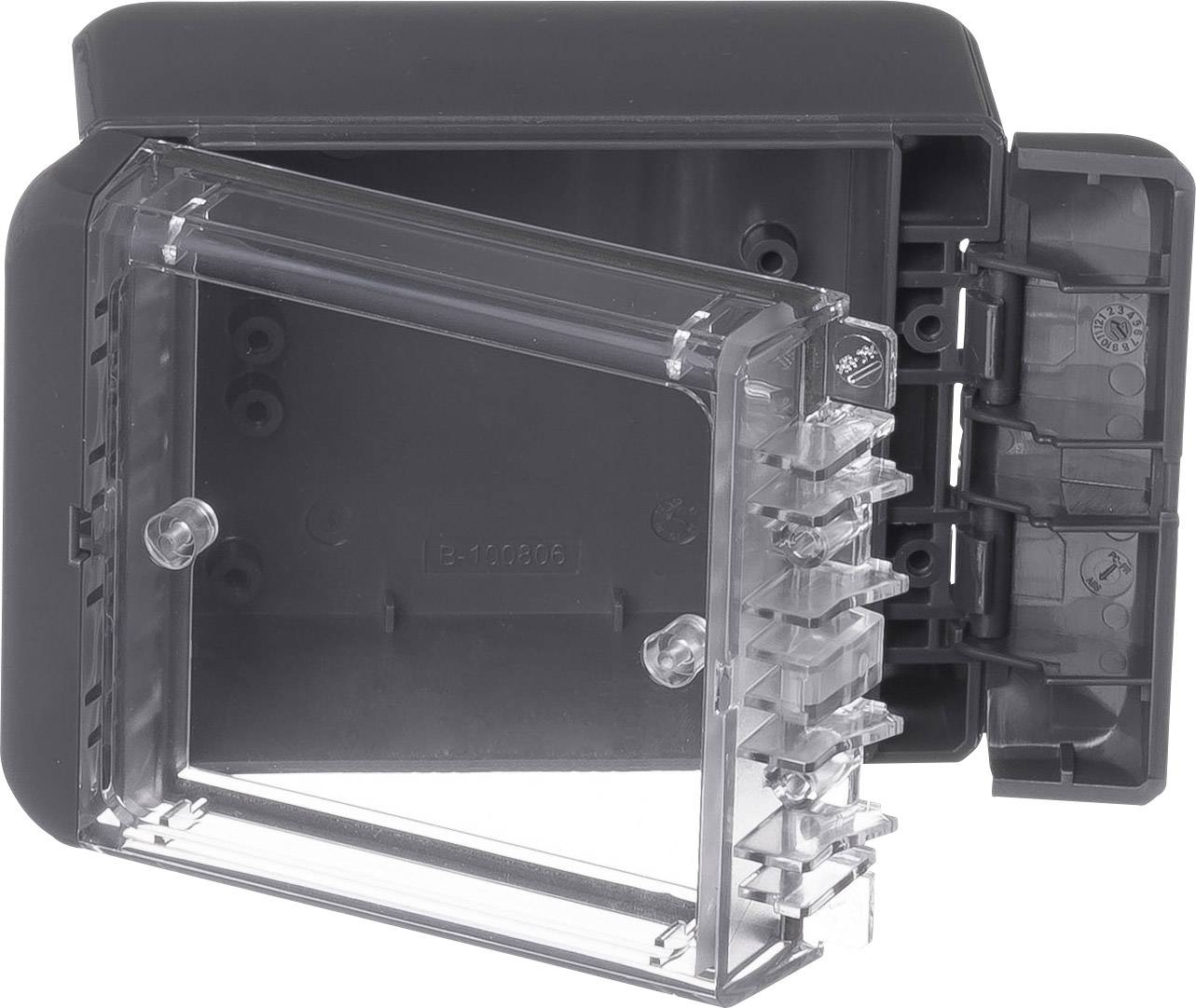 Graue Kunststoff-Box mit transparentem Deckel, geöffnet. Verwendet zur Wandmontage von elektronischen Schaltgeräten, wetterfest.