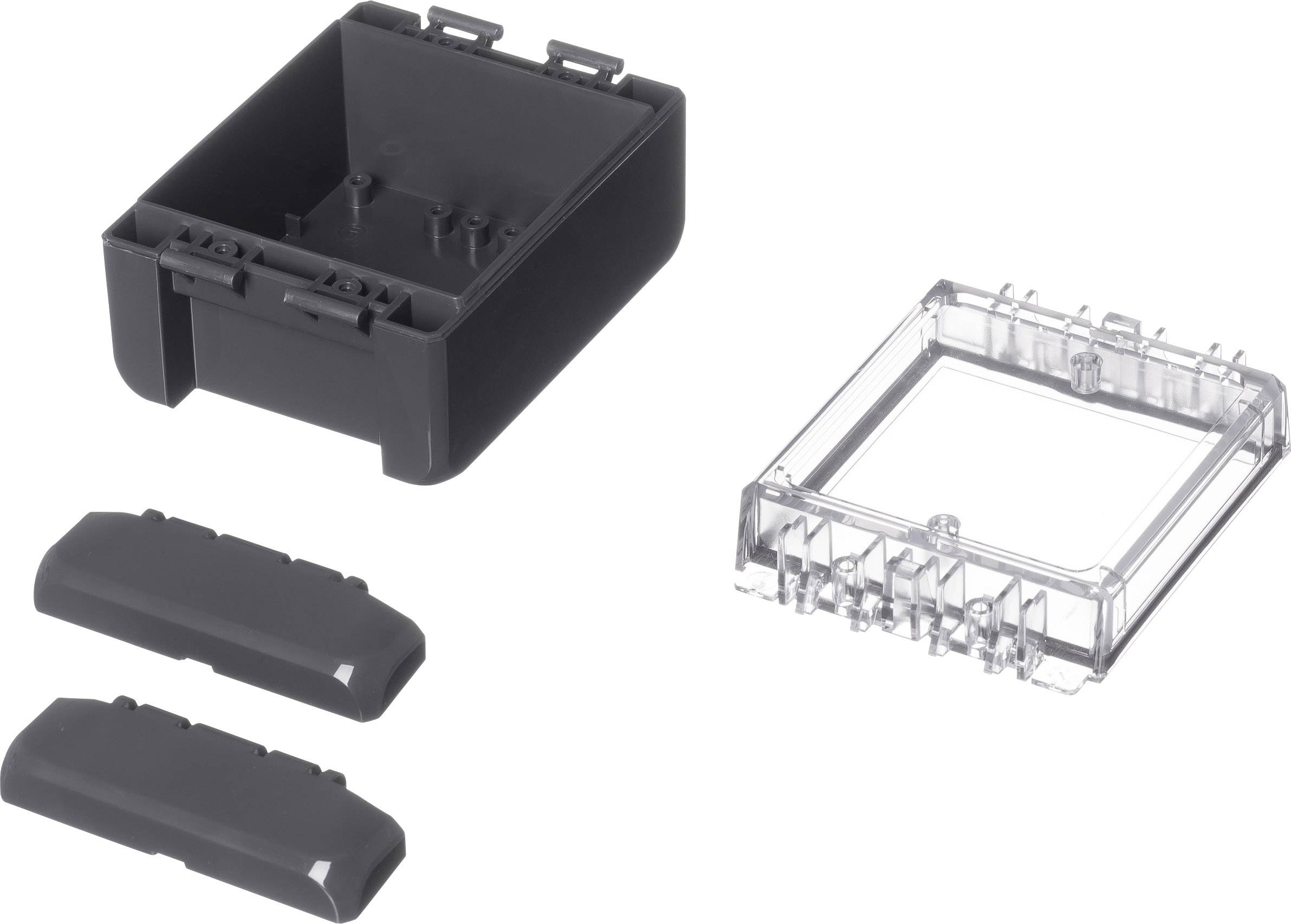 Ein schwarzes Plastikgehäuse mit abnehmbaren Teilen und einem durchsichtigen Deckel, geeignet für Elektronikgeräte.