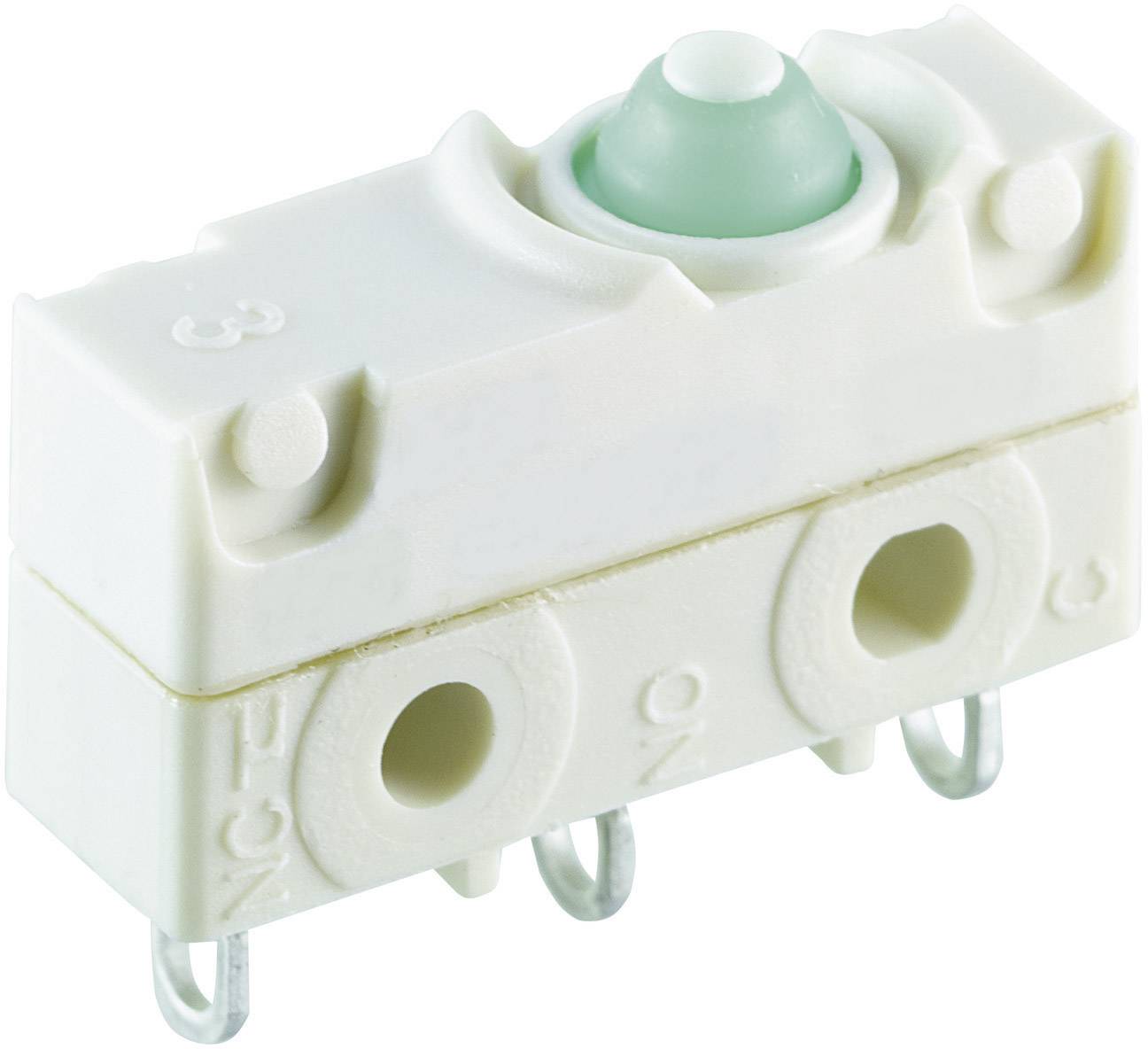 Ein weißer Mikroschalter mit drei Metallpins und einem grünen Knopf, häufig verwendet in elektronischen Geräten zur Schaltung von Signalen.