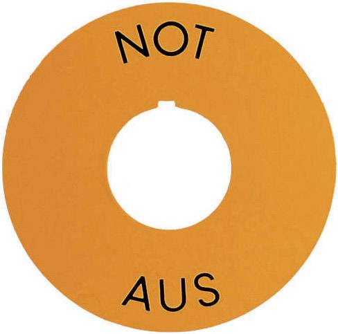 Oranger Kreis mit schwarzem Text: NOT AUS.
