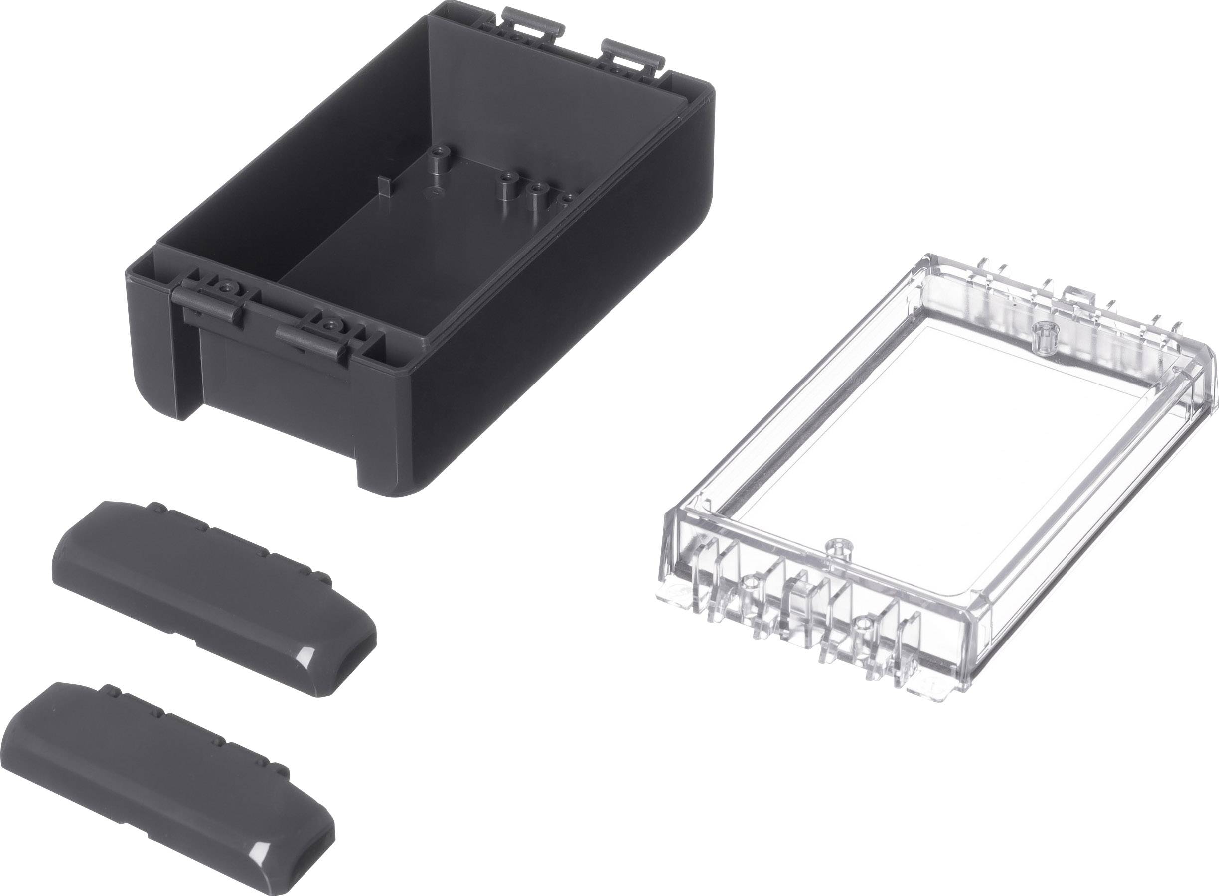 Ein rechteckiges, schwarzes Elektronikgehäuse mit einem durchsichtigen Deckel und zwei abnehmbaren Seitenabdeckungen.