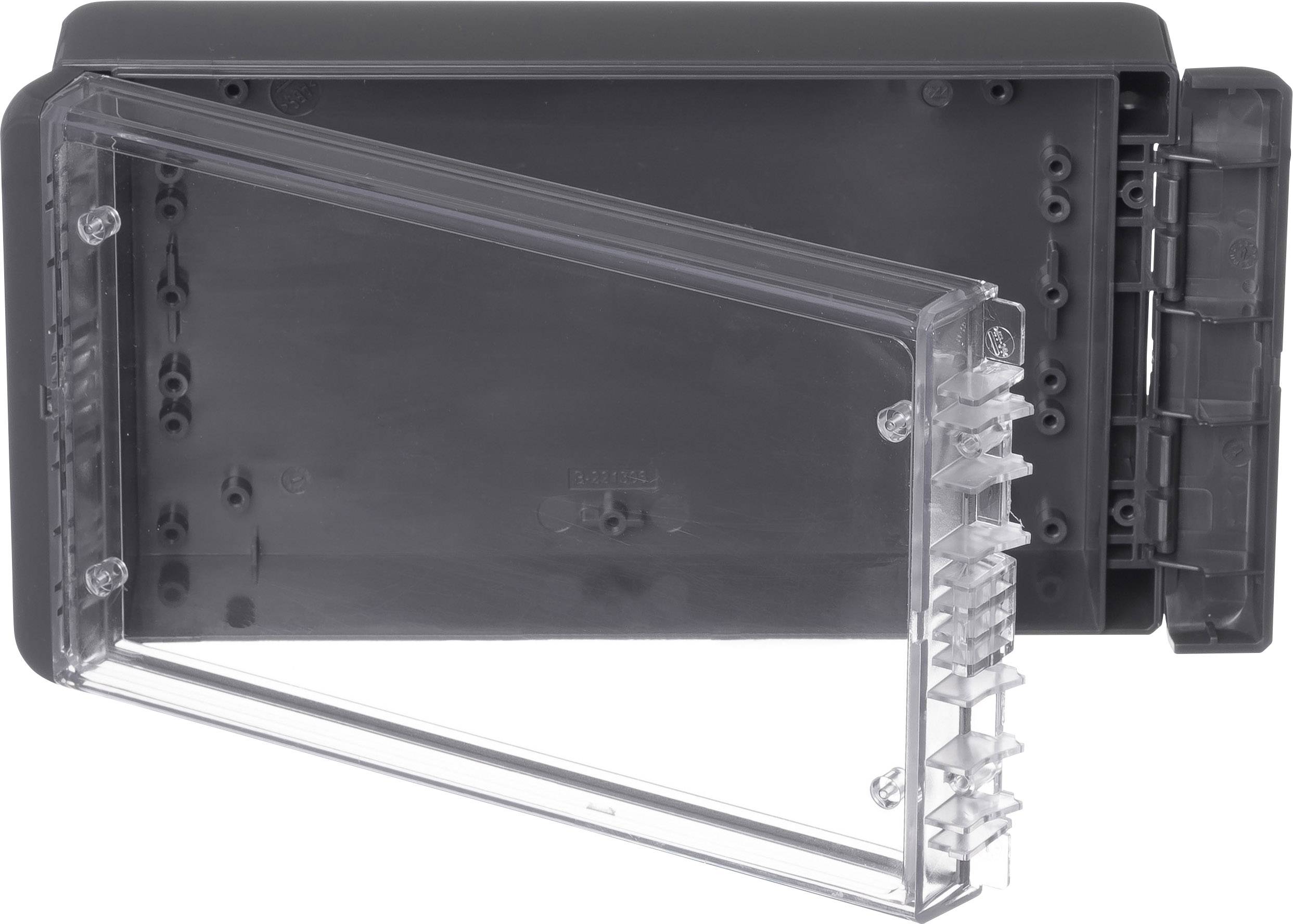 Eine leere, rechteckige, transparente Kunststoffbox mit abnehmbarem Deckel. Die Box hat eine dunklere Rückseite.