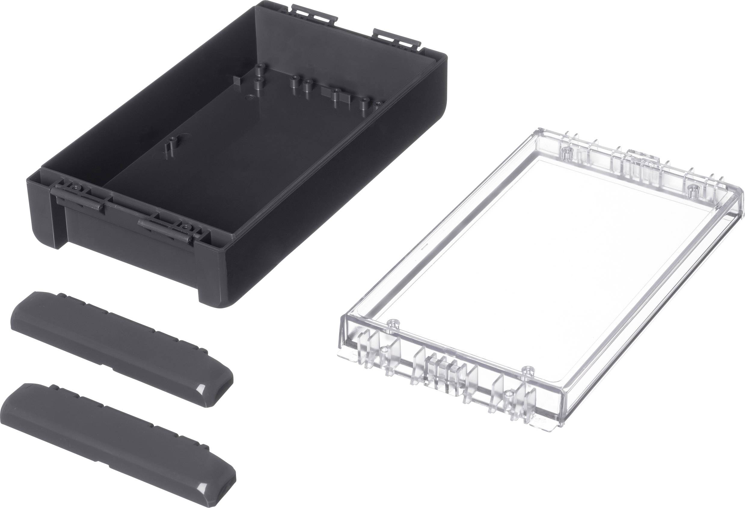 Teile eines Elektronikgehäuses: schwarzes Unterteil, transparente Abdeckung, zwei schwarze Seitenklappen. Komponenten für Zusammenbau.