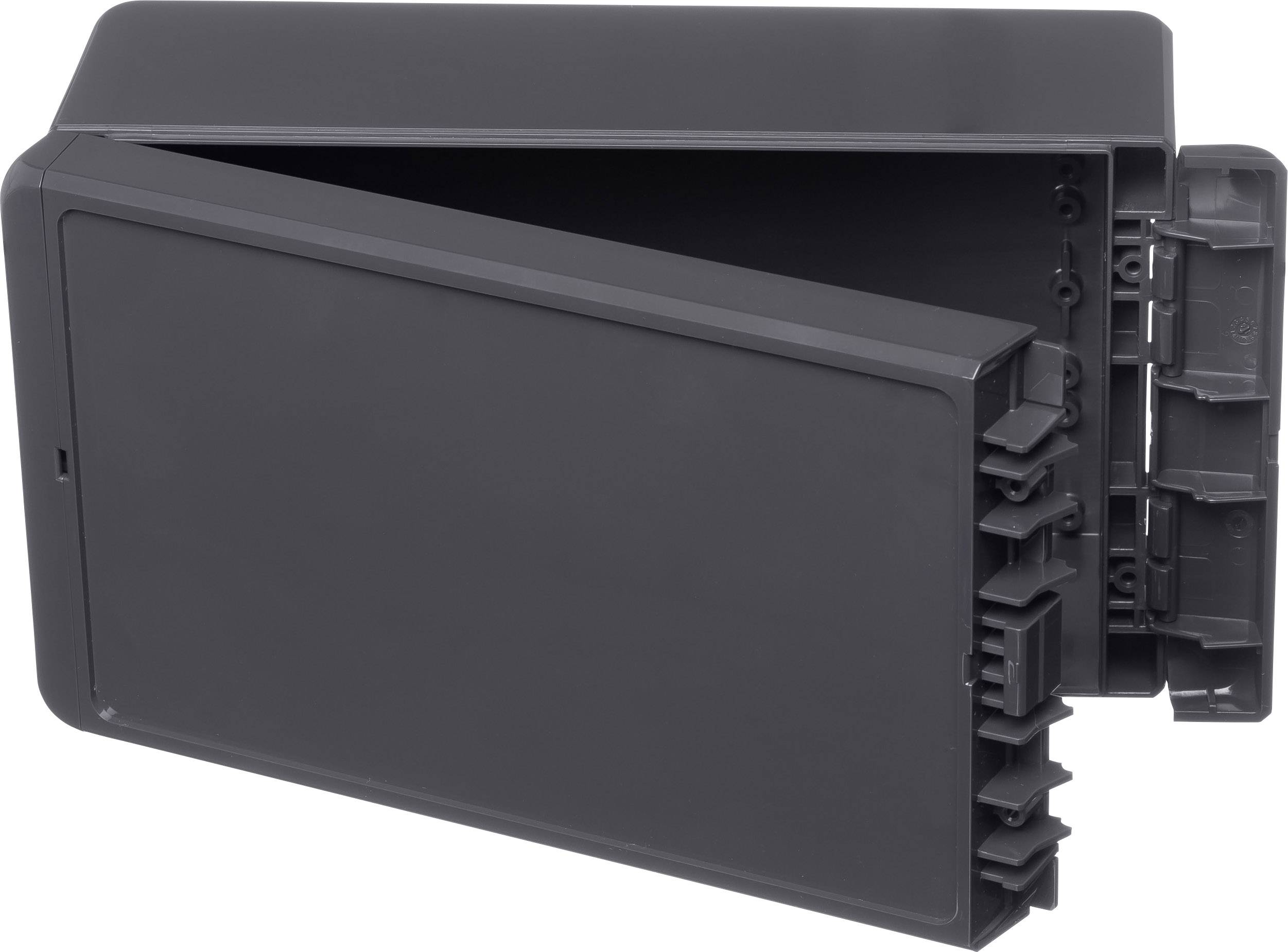 Graues, rechteckiges Gehäuse mit aufklappbarer Abdeckung, zeigt Innenfächer und Montageteile.