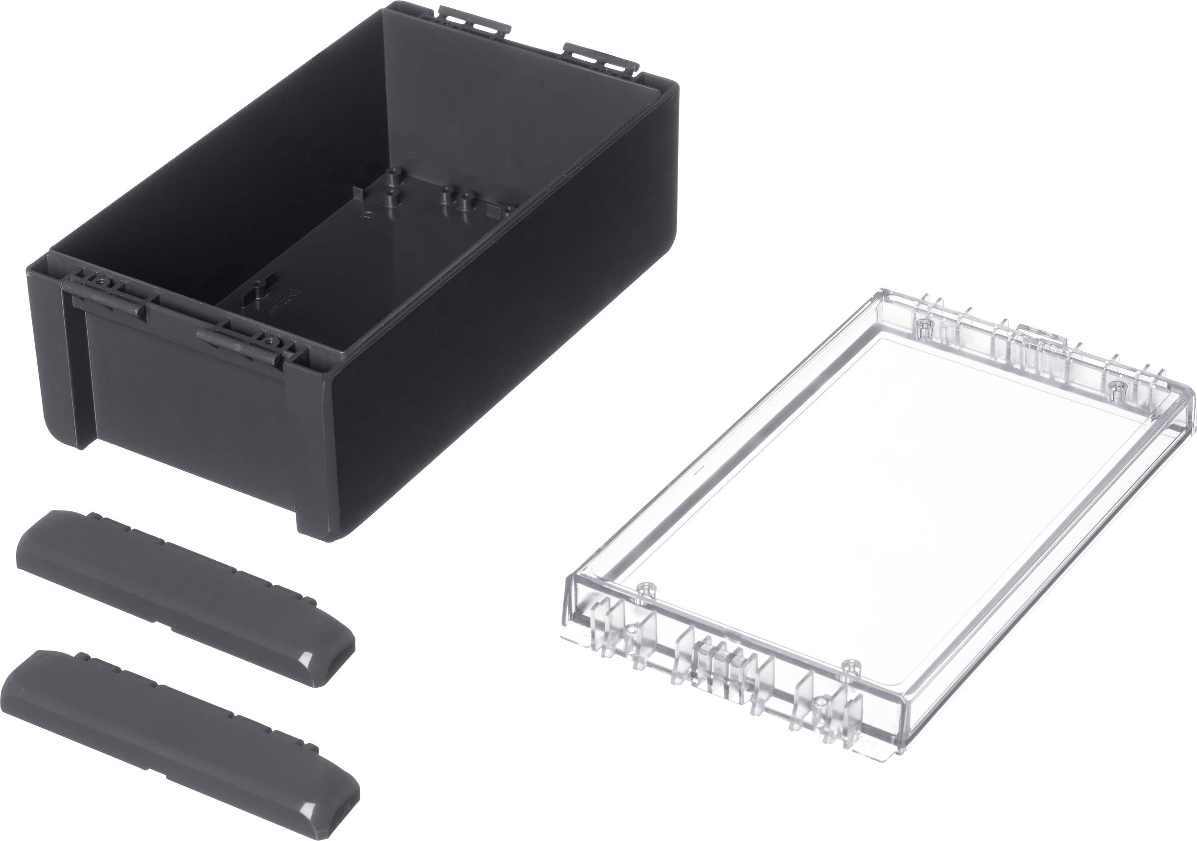 Schwarze Kunststoffbox mit zwei abnehmbaren Seitenteilen und einem transparenten Deckel, geeignet für elektronische Geräte.