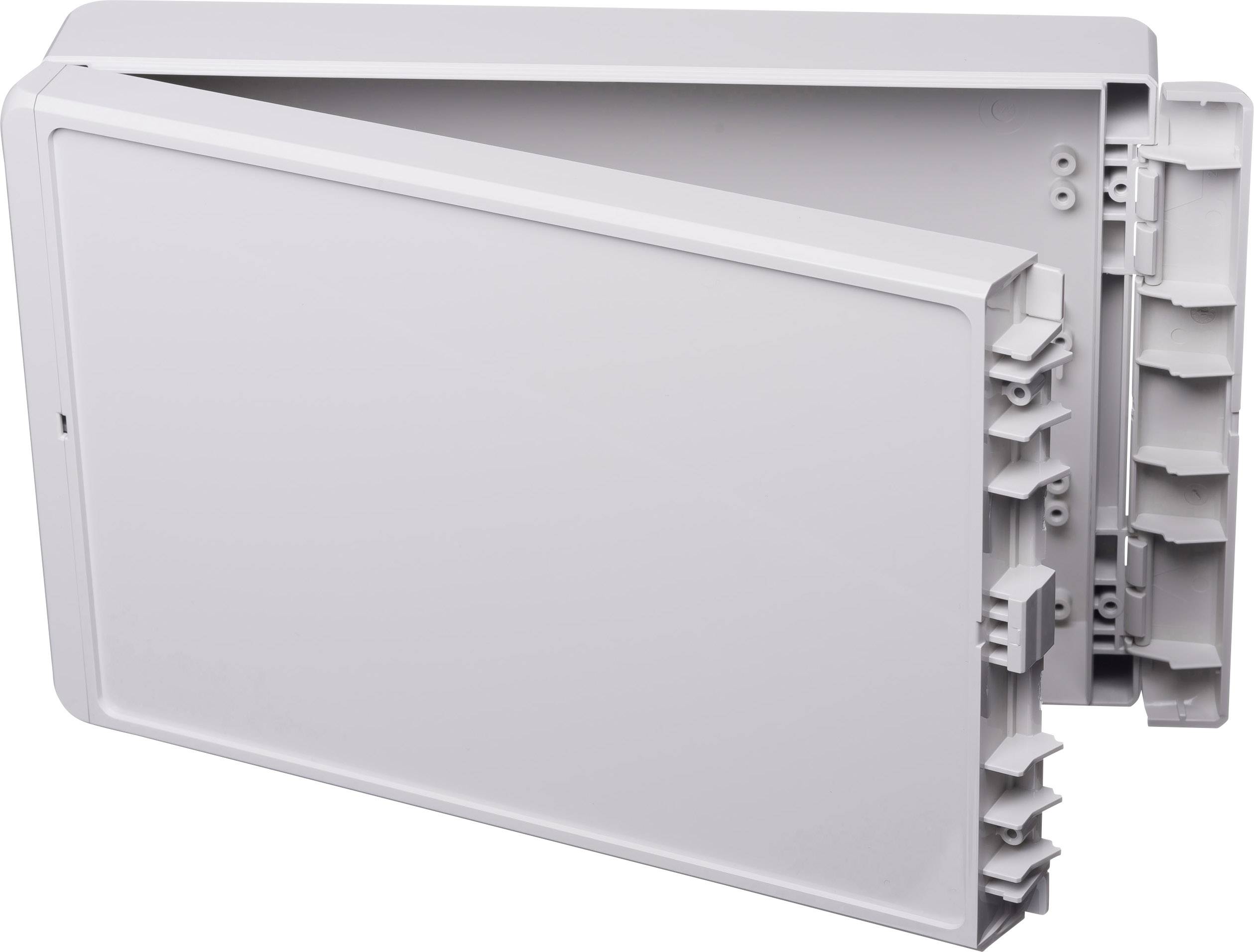 Rechteckige, weiße elektrische Anschlussdose mit abnehmbarer, seitlich geöffneter Abdeckung, geeignet für Inneninstallationen.