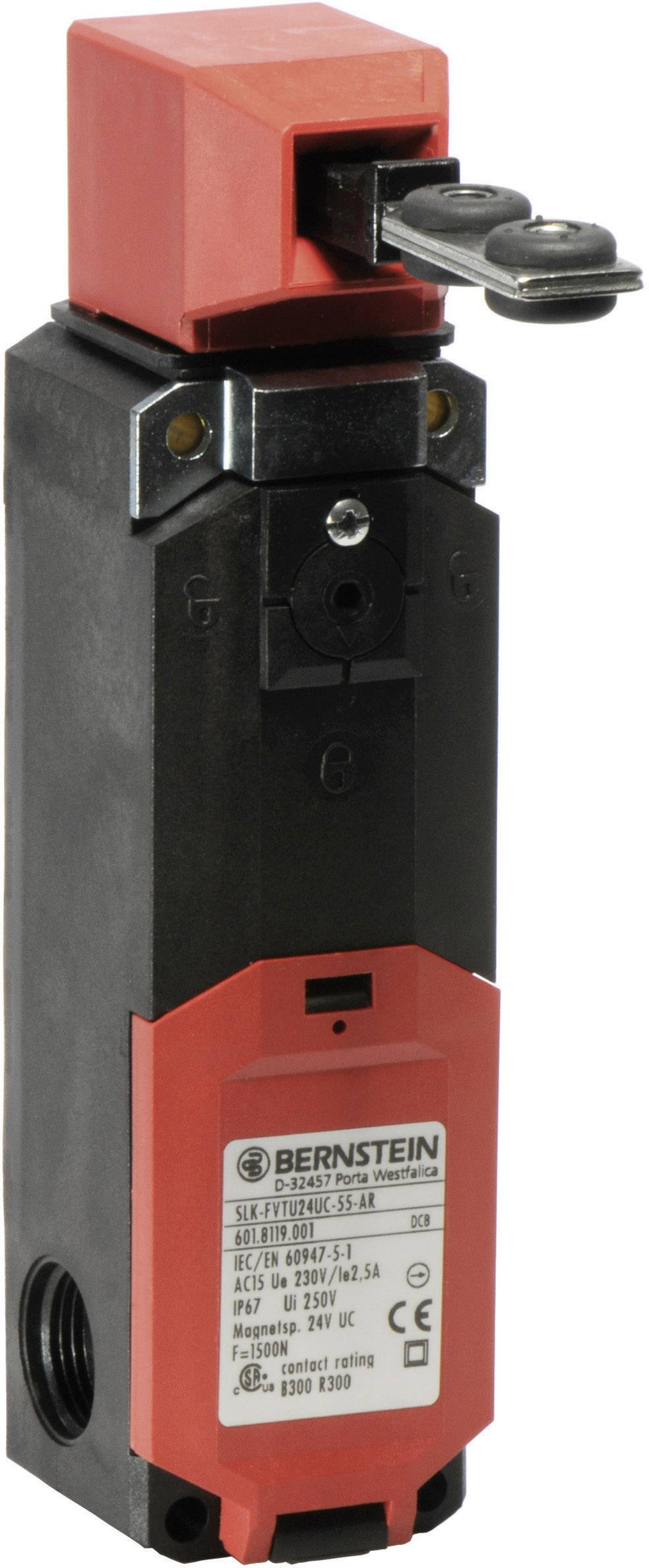 Sicherheitsendschalter mit rotem und schwarzem Gehäuse. Auf der Vorderseite befindet sich ein Herstelleretikett mit technischen Spezifikationen.