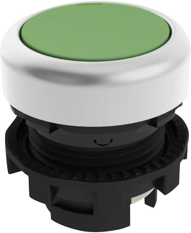 Ein grüner Druckknopf mit silbernem Rand und schwarzem Sockel, geeignet für elektronische Anwendungen oder Maschinensteuerung.