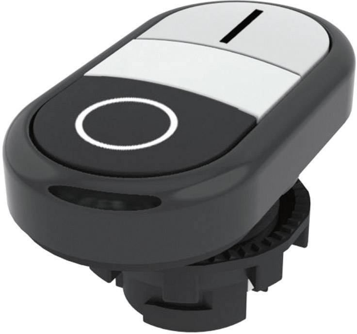 Ein schwarzer ovaler Knopf mit zwei silbernen Tasten und einem kreisförmigen Muster; oft in elektronischen Geräten verwendet.