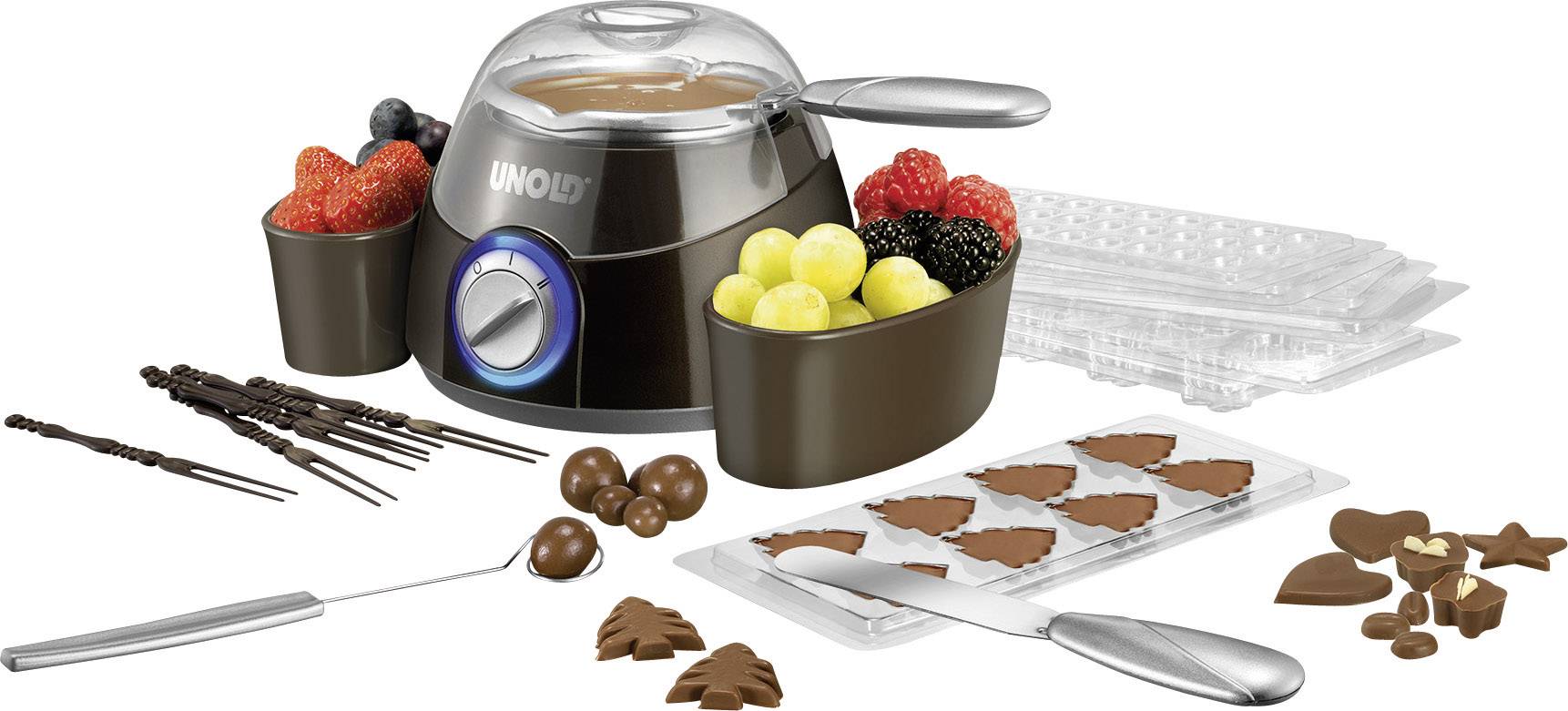 Kompakter Schokoladenschmelzer mit Flüssigkeitsbehälter, Beeren, Pralinenform, Spieße und Löffel. Ideal für Schokoladenkreationen.