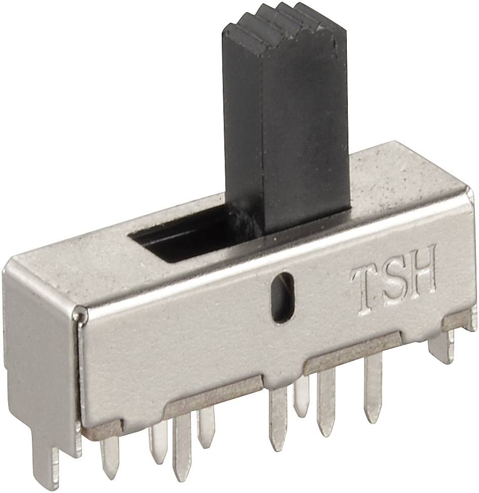 Ein metallischer DIP-Schiebeschalter mit schwarzem Hebel und mehreren Anschlussstiften. Geeignet für elektronische Schaltungen und Steuerungen.