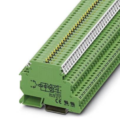 Grünes Reihenklemmenmodul mit mehreren Anschlussklemmen, geeignet für elektrische Signalverteilung in Schalttafeln.