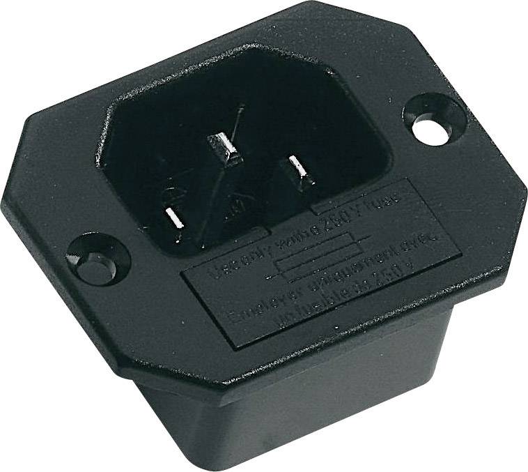 Schwarze IEC C14 Buchse mit rechteckigem Gehäuse. Geeignet zum Anschließen von Stromkabeln an elektronische Geräte.