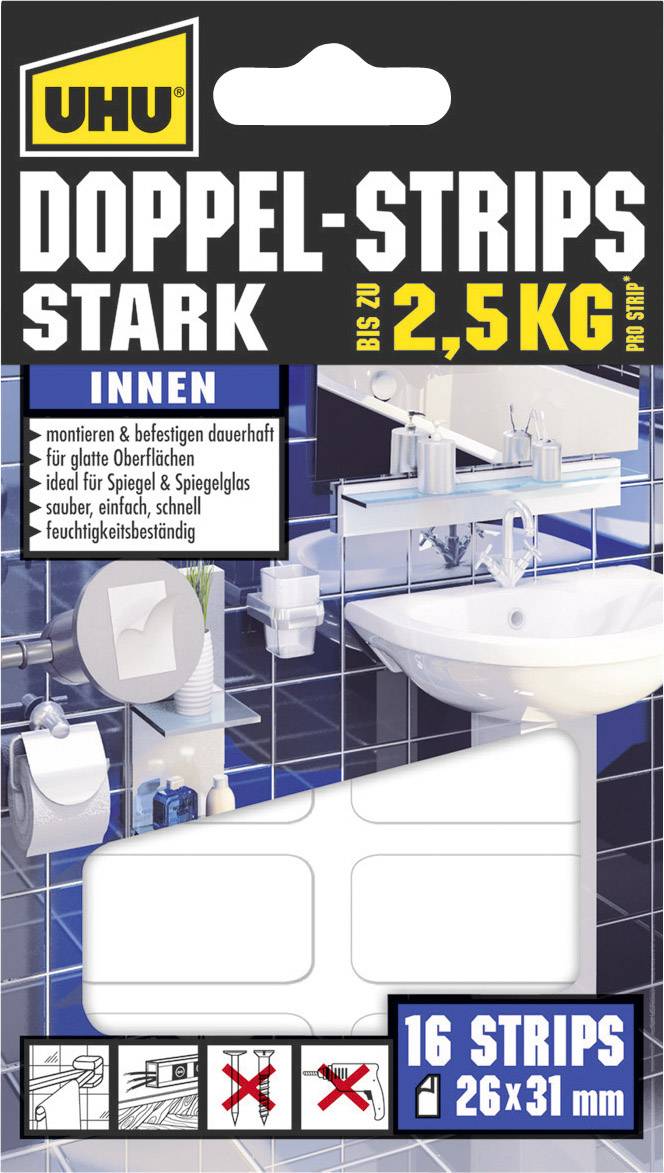 Verpackung für UHU Doppel-Strips, stark, bis zu 2,5 kg Tragkraft. Für glatte Oberflächen geeignet, innen verwendbar. Enthält 16 Strips à 26x31 mm.