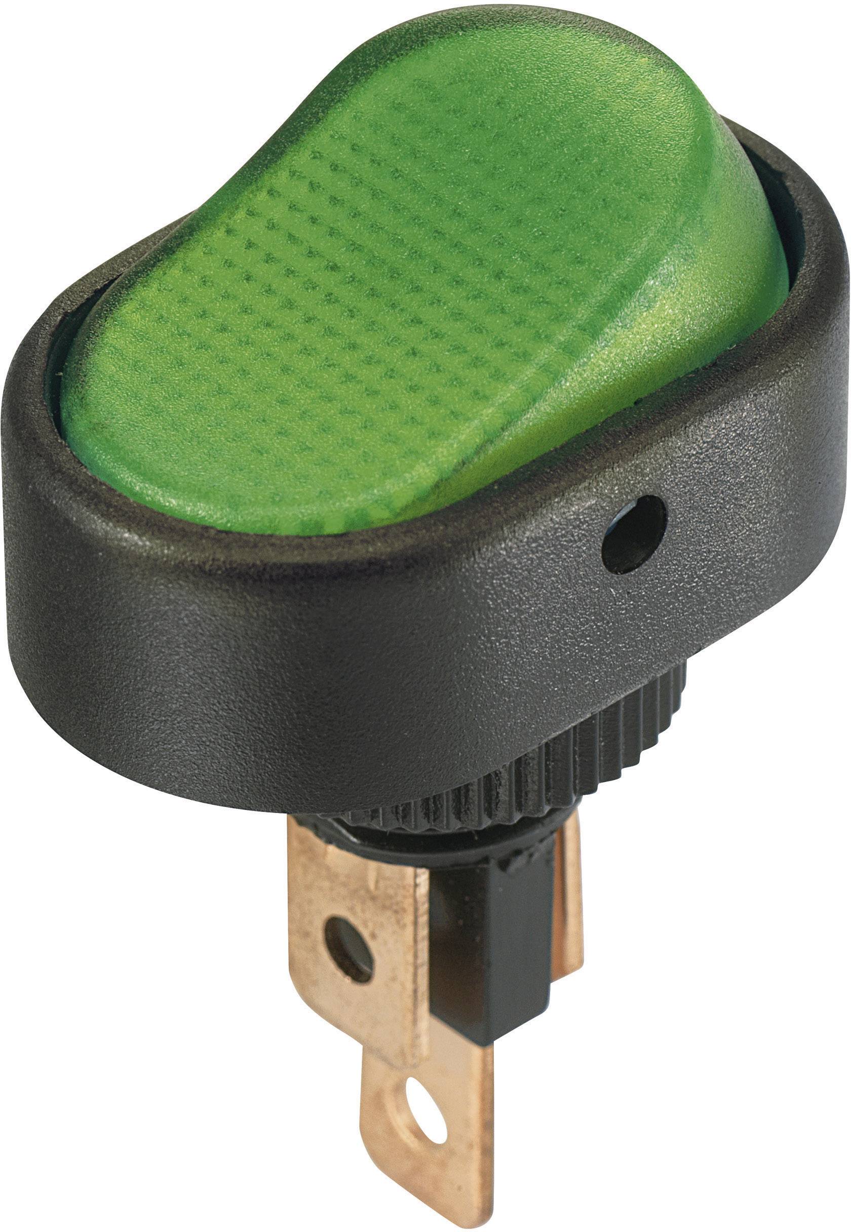 Grüner Kippschalter mit schwarzem Gehäuse und zwei Metallkontakten, verwendet zur Steuerung elektrischer Geräte.