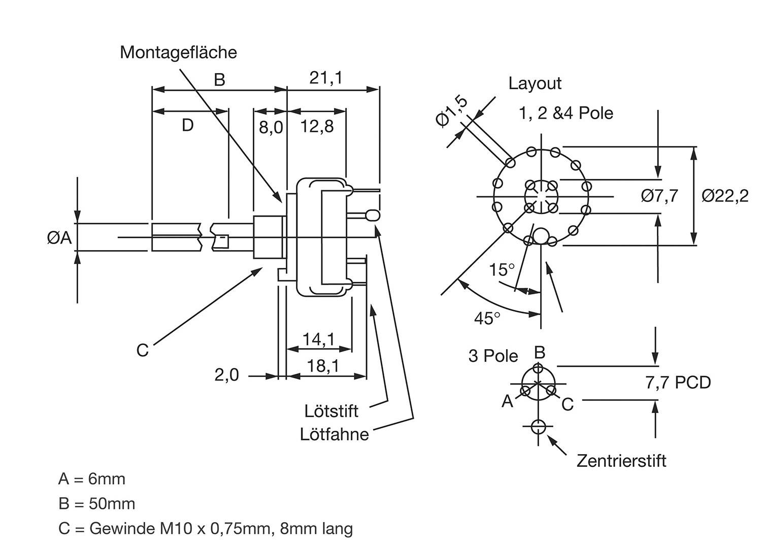 Lorlin Stufenschalter 250 V/AC für Printmontage CK-1049