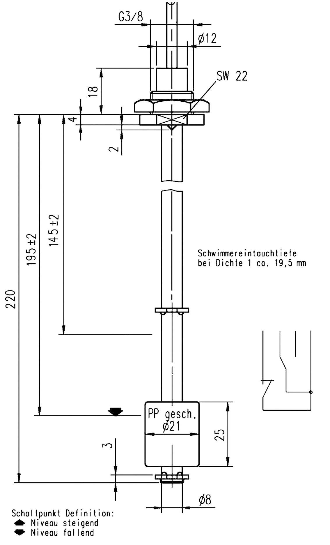 Elobau 221B1710 Schwimmerschalter 48V 1A 1 Wechsler IP67 1St.