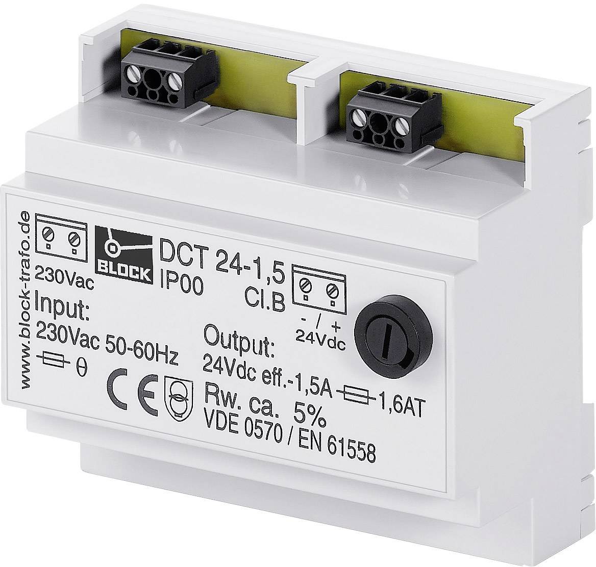 Weißes Netzteil-Modul mit der Aufschrift 'BLOCK DCT 24-1,5. Eingang: 230Vac 50-60Hz. Ausgang: 24Vdc 1,5A'.