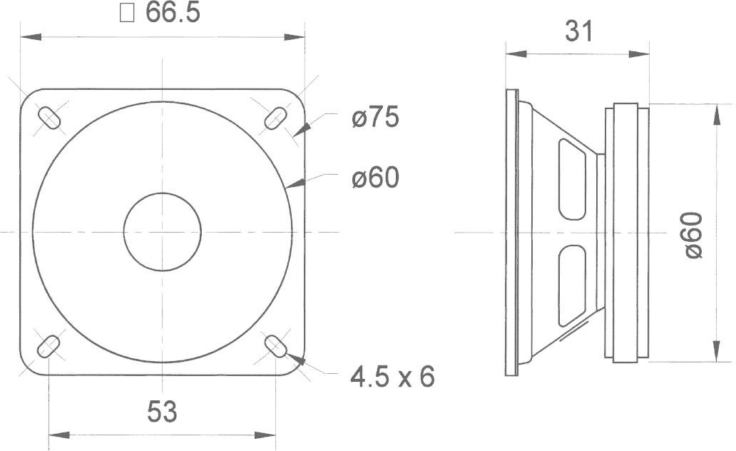 Technische Zeichnung eines Lautsprechers mit Abmessungen: Breite 53 mm, Durchmesser 75 mm, Öffnung 60 mm, Tiefe 31 mm.