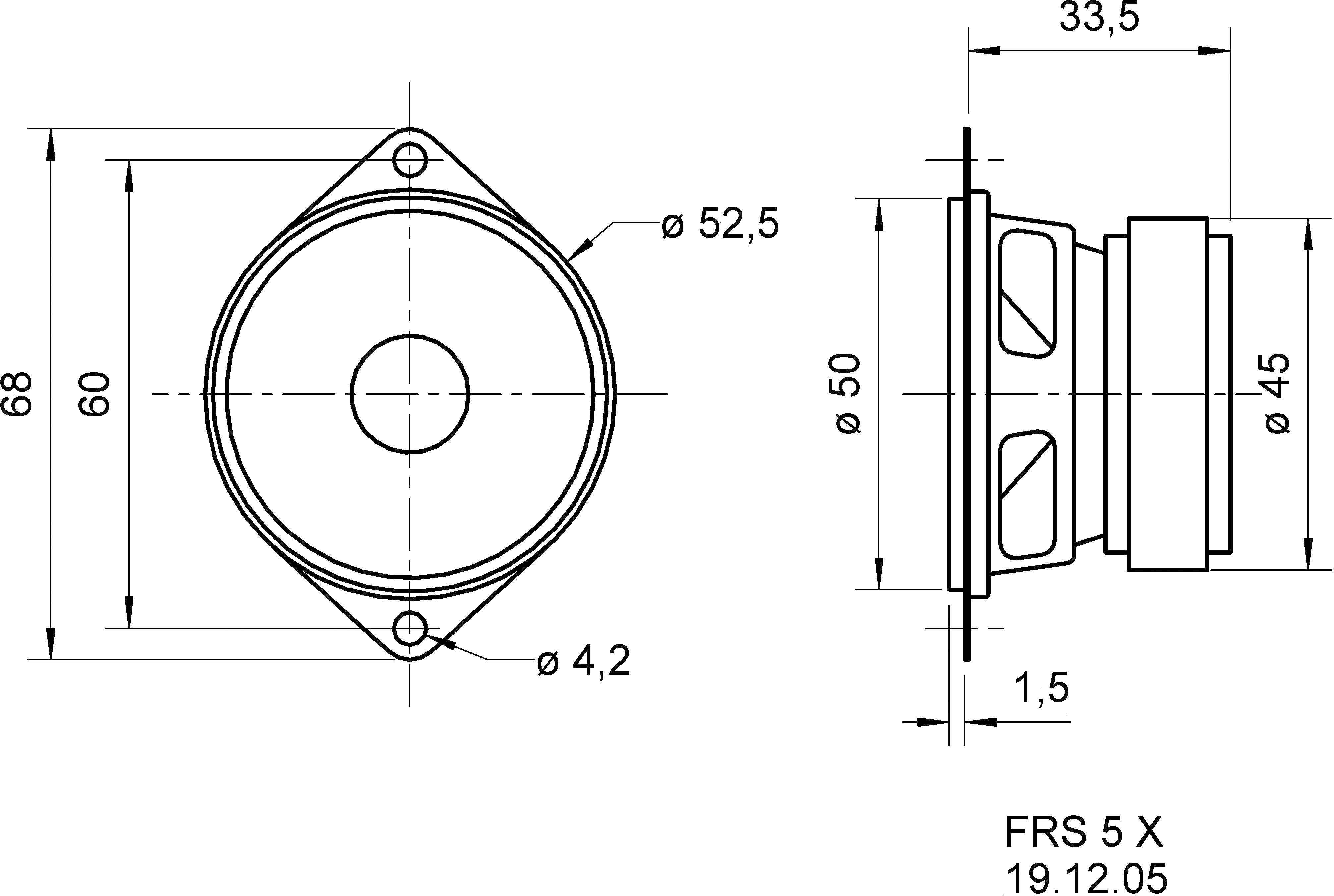 Technische Zeichnung eines Lautsprechers, zeigt Draufsicht und Seitenansicht mit Maßen: 68x68 mm und 33,5 mm Tiefe.